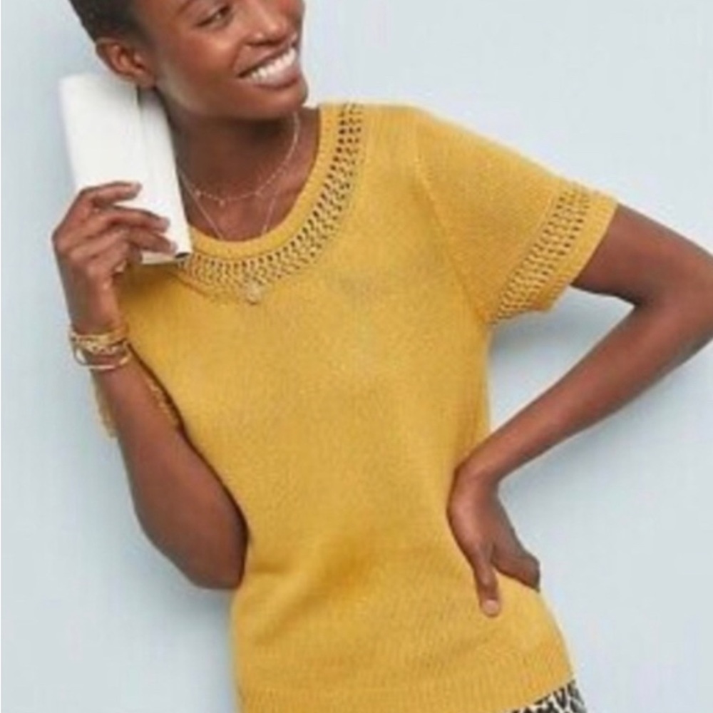 Anthropologie Gold Lattice Crochet Trim Sweater M